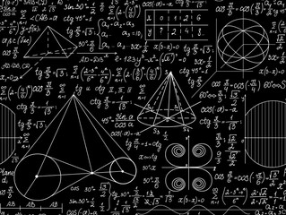 Math vector seamless pattern with handwritten formulas, functions and equations. Scientific endless texture