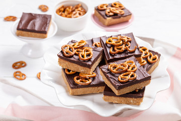 Canvas Print - Chocolate Peanut Butter Bars topped with pretzels