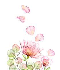 Watercolor floral background of roses, flying petals and eucalyptus branch. Border of flowers and leaves. Hand drawn illustration isolated on white for wedding stationery, greeting cards.