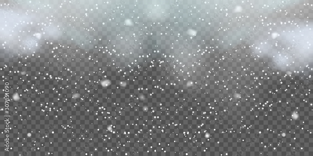 Christmas background with falling snowflakes on transparent. Vector - obrazy, fototapety, plakaty 