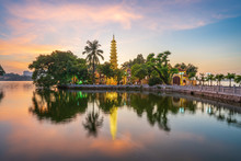 Panorama Scene Of Tran Quoc Pagoda, The Oldest Temple In Hanoi, Vietnam, With Brilliant Sunset