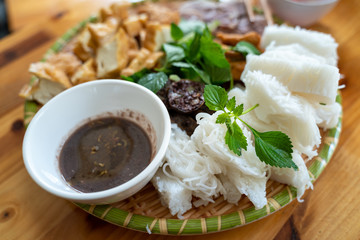 Vietnamese traditional plate pork vermicelli tofu (Bun Dau Mam Tom), the popular lunch set in Hanoi, Vietnam