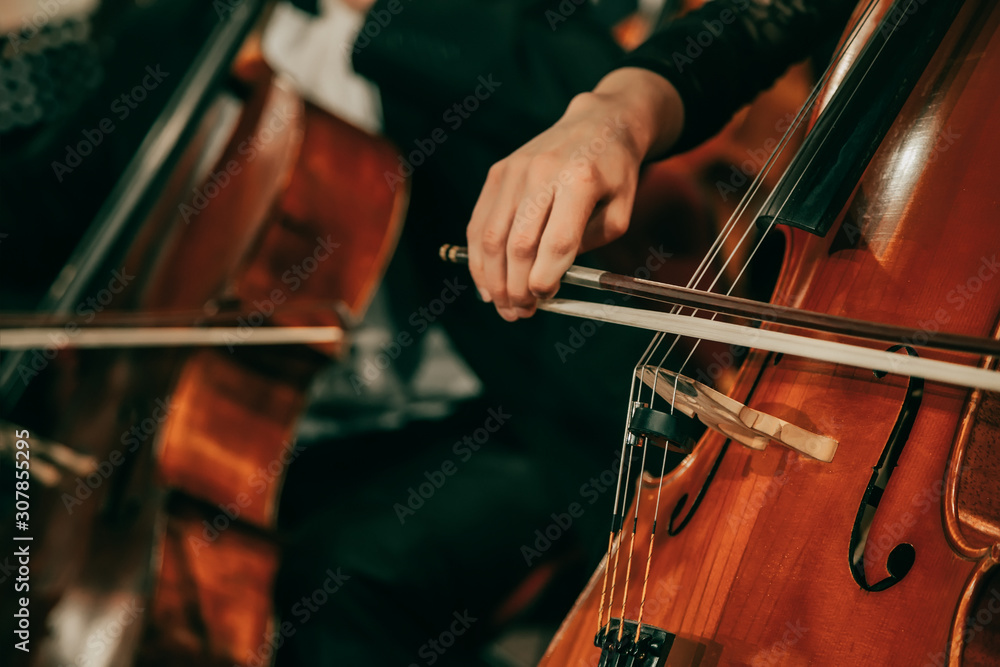Symphony orchestra on stage, hands playing cello. Shallow depth of field, vintage style. - obrazy, fototapety, plakaty 