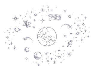 fantastic undiscovered galaxy with unknown planets, science fiction, with stars, comets, asteroids a