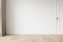 White Empty Room Mockup With Brown Curtain, White Door And Wood Floor. 3D Illustration.