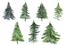 Set Of Christmas Tree Watercolor Icon. Collection Of New Years Xmas Trees With Heralds, Striped Christmas Pine. 2020 Winter Holidays Party Green Fir.