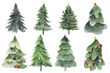 set of christmas tree watercolor icon. collection of new years xmas trees with heralds, striped chri