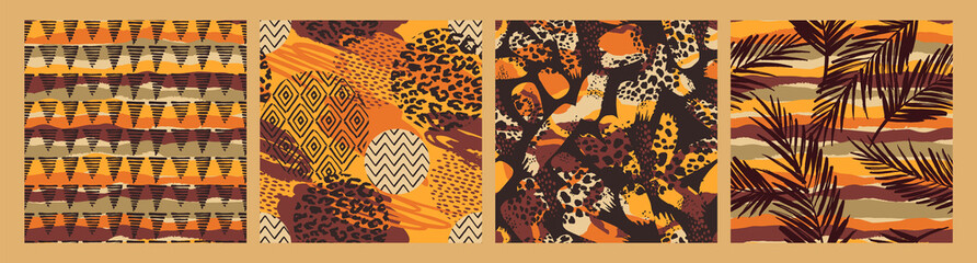 Set of Tribal ethnic seamless patterns with animal print, brush strokes and palm leaves.