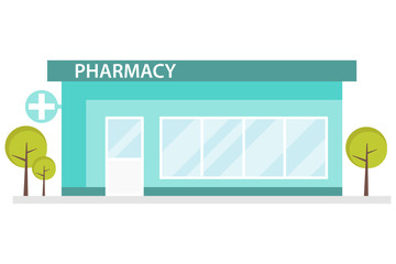 Pharmacy building in a flat design. Interior and pharmacy building. Pharmacy room with a pharmacist. Vector illustration