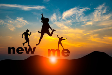 Silhouette cheerful people jumping on mountain, new year improvement concept