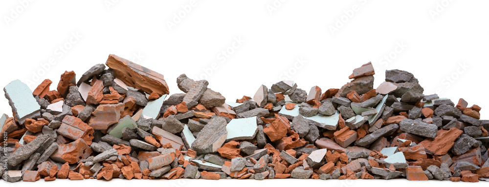 Pieces of concrete and brick rubble debris on building in civil war isolated on white background - obrazy, fototapety, plakaty 