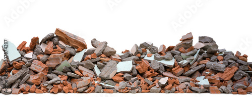 Fotografía Pieces of concrete and brick rubble debris on building in civil war isolated on