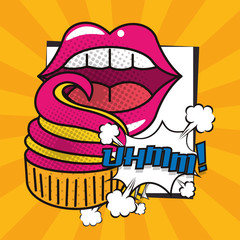 Sticker - poster pop art style with female mouth eating cupcake