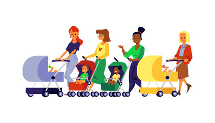 Various mom and baby with children in carriage flat vector illustration isolated.