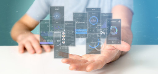 Wall Mural - businessman holding user interface screens with icon, stats and data 3d rendering