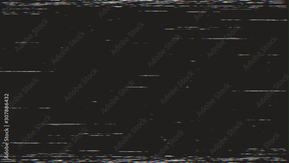 Horizontal distortion of broken video image on black background, VHS effect, glitch digital color pixel noise. Stock abstract pixel background glitch texture. Color digital noise, VHS corrupted signal - obrazy, fototapety, plakaty 