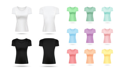 Wall Mural - Realistic women's T-shirt mockup set in black, white and colorful pastel palette