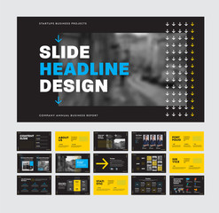 Wall Mural - template of black vector slides for presentation with place for photo and colored arrows.