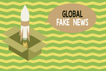 Word writing text Global Fake News. Business photo showcasing False information Journalism Lies Disinformation Hoax Fire launching rocket carton box. Starting up project. Fuel inspiration