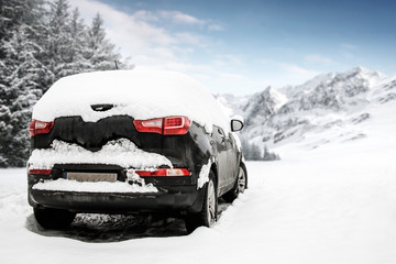 Poster - Winter car with snow and landscape of mountains. Free space for your decoration and winter time. 