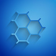 Paper cut Chemical formula consisting of benzene rings icon isolated on blue background. Paper art style. Vector Illustration