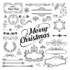 Set of Christmas ornamental filigree flourishes and thin dividers on white background