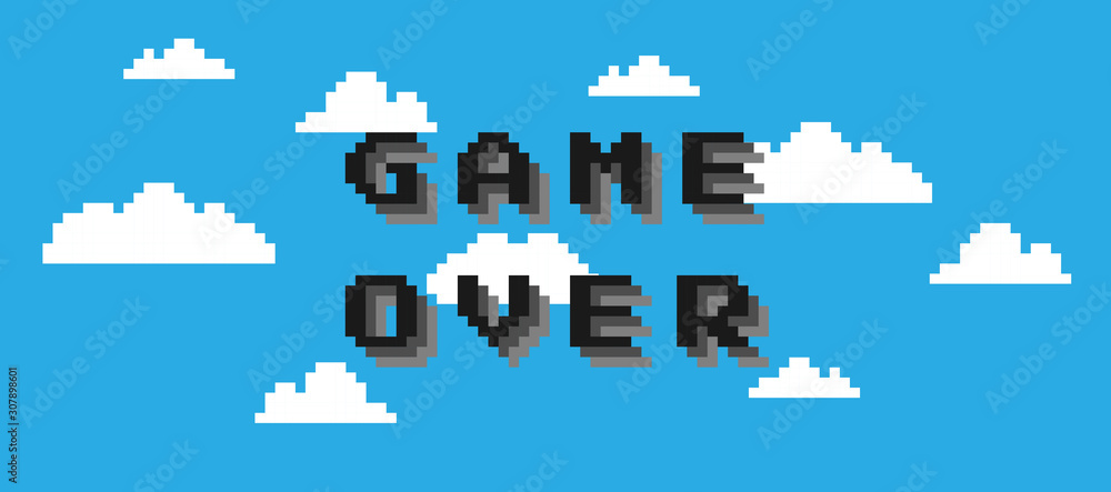 เวกเตอร์ Stock Game over text isolated on cloud blue background. Pixel ...