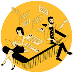 Flat design isometric vector illustration of young man and woman business communication in the modern office. Trendy color concept of teamwork and workflow for presentation, website and app design.