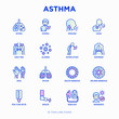© AlexBlogoodf - Asthma thin line icons set: allergen, dyspnea, cough, wheezing, chest pain, diaphragm, asthma attack, hives, sputum, peak flow meter, inhaler, nebulizer. Modern vector illustration.
