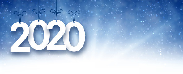 Blue shiny 2020 New Year banner with snow.