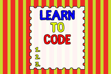 Conceptual hand writing showing Learn To Code. Concept meaning Learn to write Software Be a Computer Programmer Coder Abstract background multicolor intersecting striped pattern