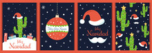 Spanish Christmas Cards Set Text Feliz Navidad Ano Nuevo Christmas Cactus Santa Hat Vector Elements