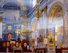 Sunbeams Illuminating The Colorful Interior In The Church Of The Holy Archangel Michael In Lviv, Ukraine