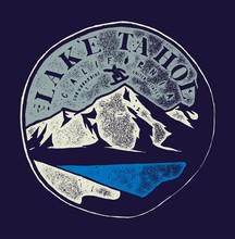 Lake Tahoe Vintage Snowboarding Label With A Mountain And Little Person Boarding Vector Illustration.