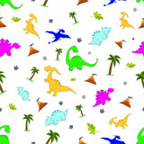 Fototapeta Dinusie - Pattern of multi-colored dinosaurs on the background of volcanoes and palm trees.