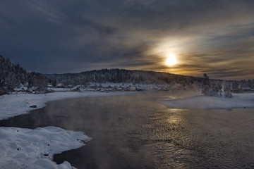 Wall Mural - Russia. Mountain Altai, early winter morning in the village of Kebezen on the Bank of the Biya river