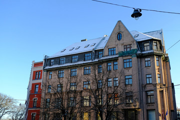 Riga / Latvia - 03 December 2019: Building facade exterior on Smilsu street in Riga Old City, Latvia.