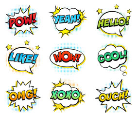 Wall Mural - retro comic speech bubbles set on white background. expression text pow, yeah, wow, hello, yeah, omg