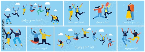 Fotografía Concept of young people jumping on blue background