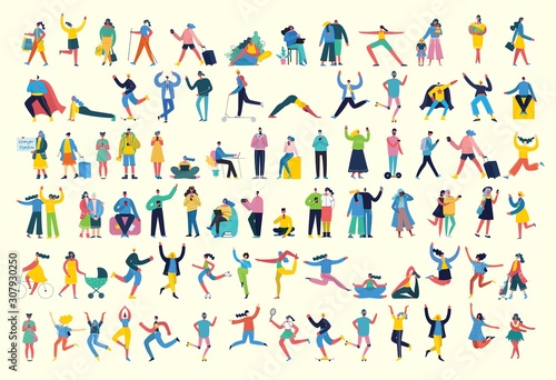 Fotomural Bundle of cartoon men and women performing outdoor activities on city street