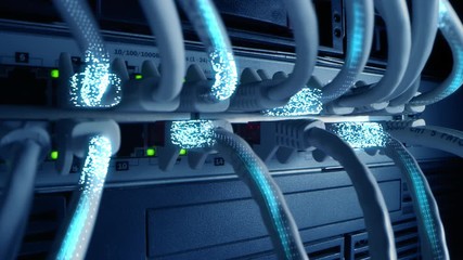 Ethernet Cables Connected to Modem with Digital Binary Code Streaming Information and Data. Concept: Digitalization and Visualization of Telecommunications. Macro Shot, Blue Special Effects