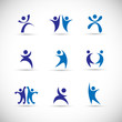 © milosdizajn - Abstract People Logo Set. Human Figure Isolated On Gray Background. Icons Collection For Human Success, Celebration Logo, Achievement Symbol And Activity. Different Happy People. Figure Logo, Vector
