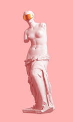 Wall Mural - 3D Model Aphrodite With Golden Virtual Reality Glasses On Pink Background. Concept Of Art And Virtual Reality.