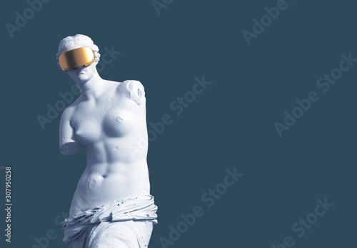 Cuadros en Lienzo 3D Model Aphrodite With Golden Virtual Reality Glasses On Blue Background