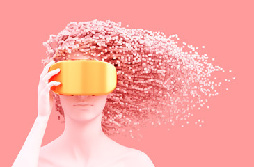 Beautiful Woman Wearing Gold VR Glasses And 3D Pixels As Hair On Pink Background. Virtual Reality Concept.