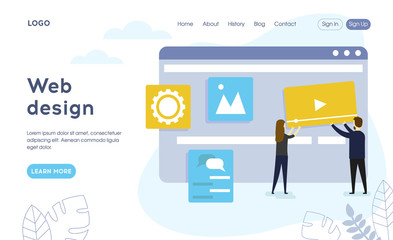 Modern web design concept. The team of web developers constructs a personal user account or admin panel for the website. Website development. Flat style. Vector illustration
