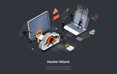 3d isometric vector illustration, Phishing scam, hacker attack, mobile security concept, data protection, cyber crime. Vector illustration