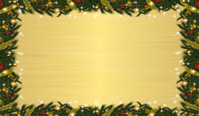 Wall Mural - The background image texture copy space and emtpy , golden yellow, is fram banner card and pattern  by green pine to decorate the merry Christmas celebration in December, winter.