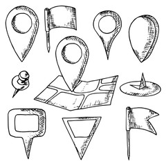 Hand-drawn set of map pins. Isolated objects on a white background. Vector cartoon doodles. Flags, pins and markers for location designation.