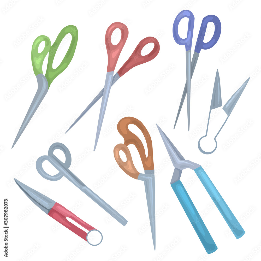 Set of flat various types of color scissors. Secateurs and nippers ...